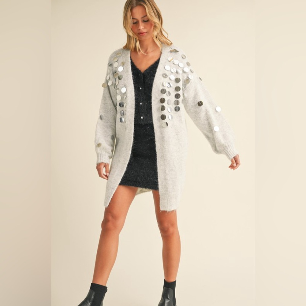 Sequin Oversized Sweater Cardigan in Grey